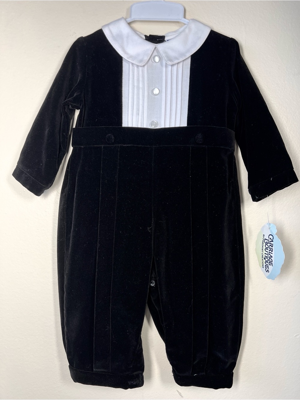 VTG Classic White and Black Velvet Baby One-Piece Tuxedo NOS Sz.6M
